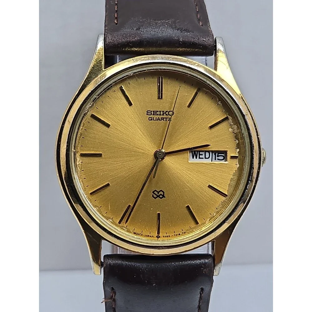 Vintage Seiko SQ 5Y23-7079 Mens 34mm Gold Tone Day Date Quartz Watch New Battery